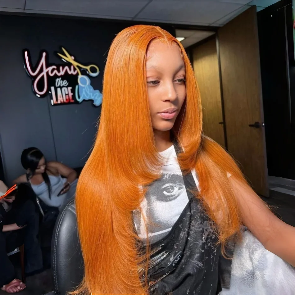 

Оранжевый парик с прямой челкой из 100% натуральных человеческих волос, 13x4, 13x6, бразильские парики с челкой для чернокожих женщин, 34, 30 дюймов