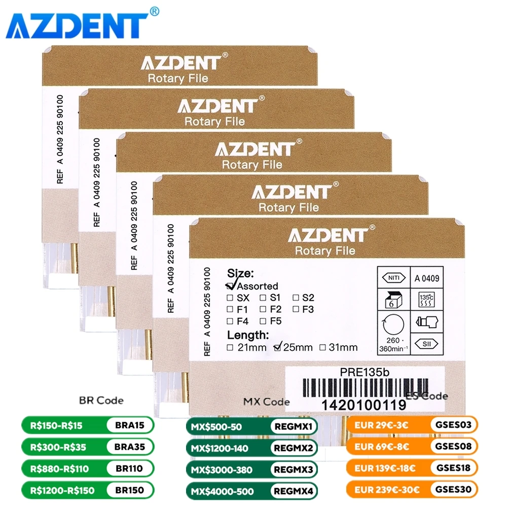 AZDENT 5Boxes Dental Endodontic Gold Large Taper File NITI Rotary Files Engine Use 25mm 6pcs/Box Dentistry Tools