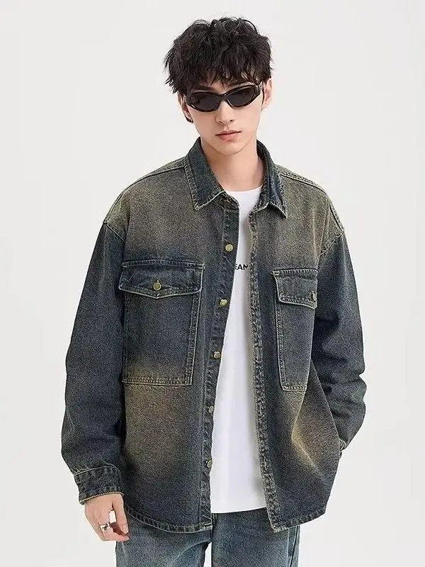 

Trendy American Sle Men's Denim Jaet Autumn Winter Loose Retro High Street Workwear Jaet Youth Long Sve Button up