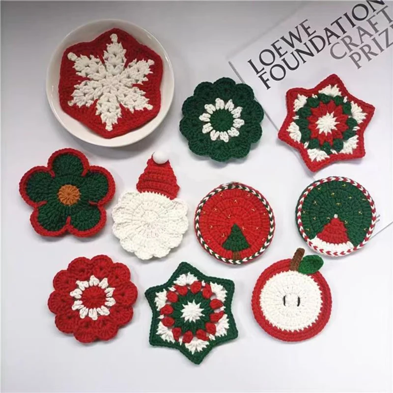 

10PCS Christmas Crochet Knitted Coaster, DIY Patchwork, Handmade Needlework, Sewing Clothing Accessories