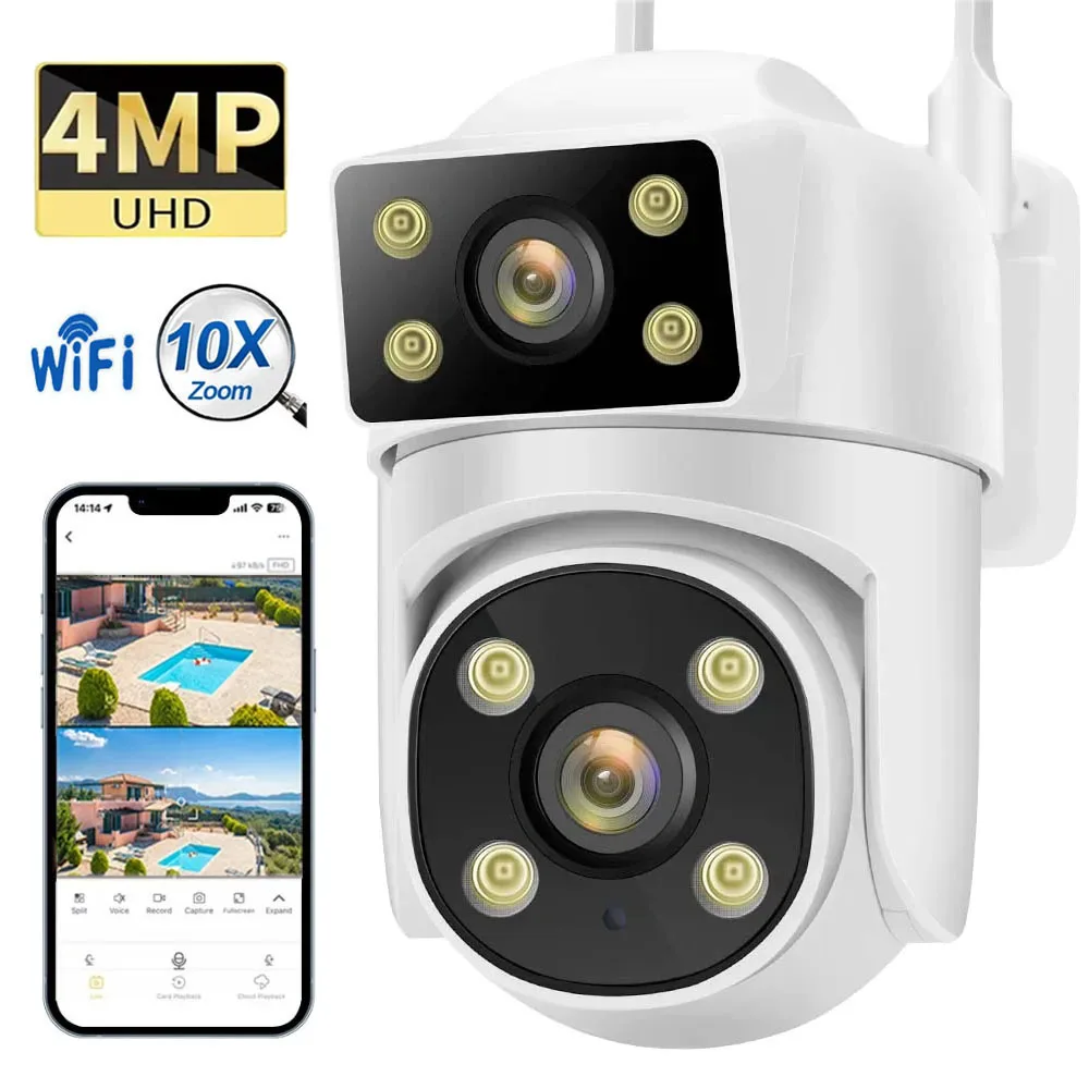 4MP WIFI IP Camera Dual Lens Screen AI Human Tracking Full Color Night Vision Outdoor Wireless Security Survalance PTZ Cameras