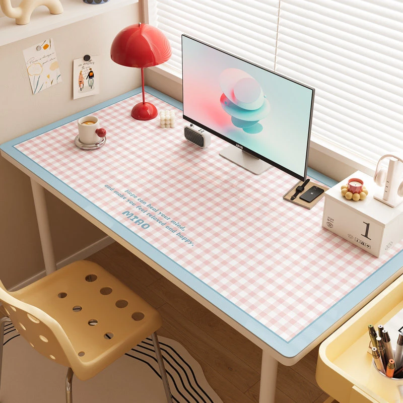 Pink Grid Girl Kawaii Pu Leather Mouse Pad Waterproof Desk Mat Gaming Keyboard Protector Dorm Table Mat Decoration Accessories