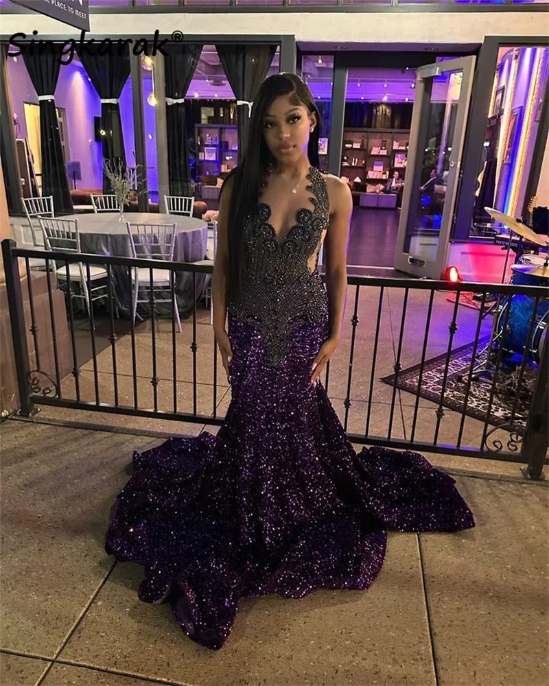 Sparkly Diamonds Purple Long Prom Dress 2024 For Black Girls Beads Crystals Rhinestones Birthday Party Reception Robe