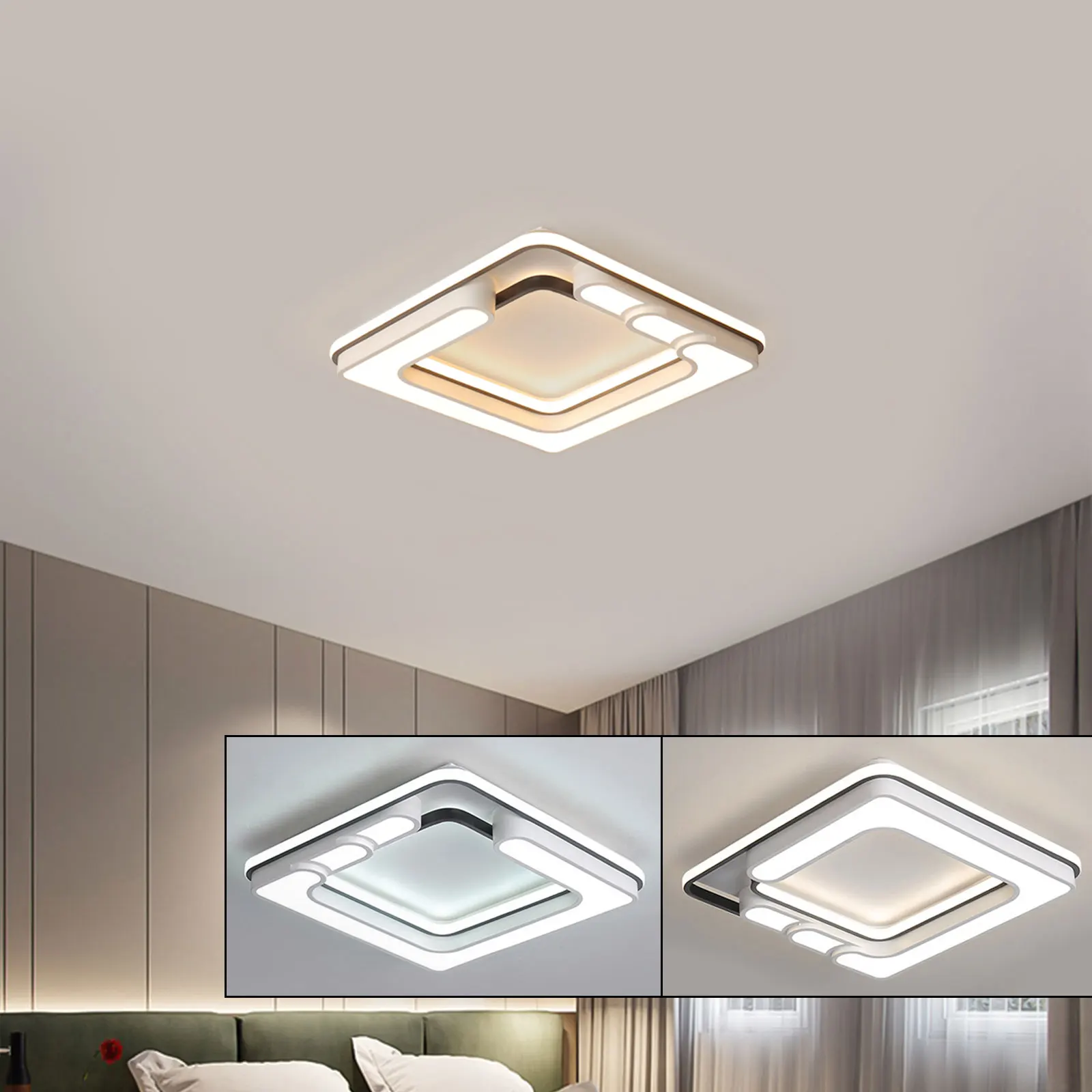 Modern Square LED Ceiling Light 40x40cm Dimmable, 32W 3000K-6000K Switchable CCT Flush Mount Lamp, Matte Black/White Aluminum Frame, 8-12㎡ Illumination for Bedroom Living Room Kitchen Corridor