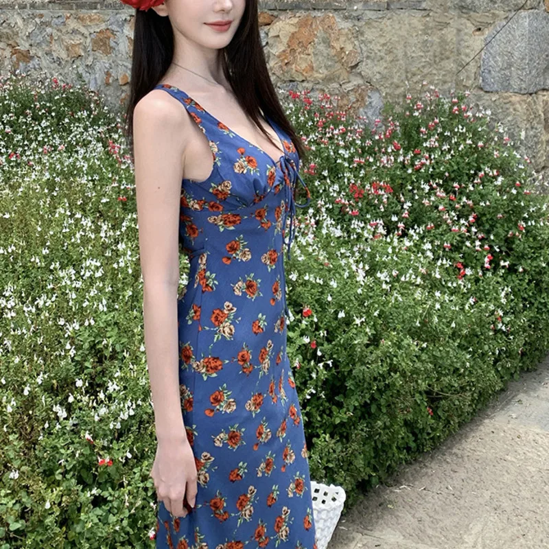 HKSH Summer New Women Chic Fashion Vacation Style Sweet V-neck Waist-cinching Slimming Sleeveless Floral Strap Long Dress HK5861