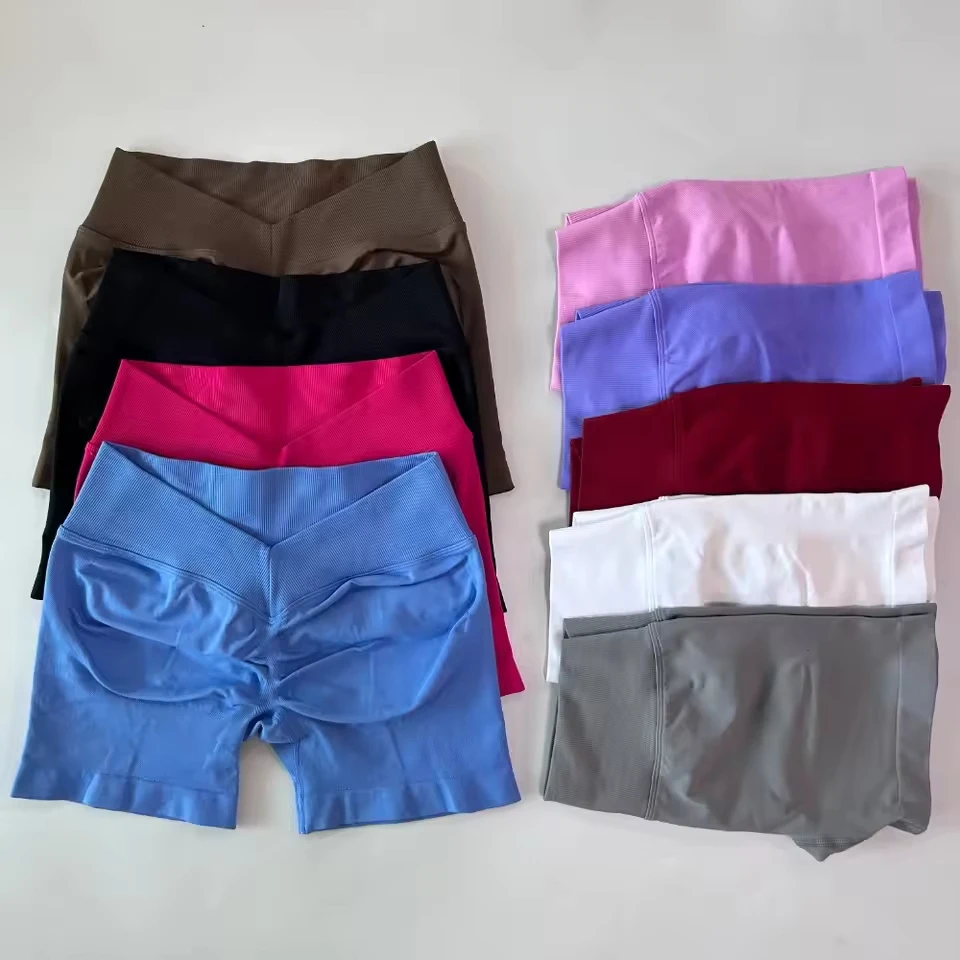 No Logo Women Back V Waist Yoga Shorts High Elastic Seamless Flex Scrunch Bum Workout Gym Shorts Yoga Booty Running Short Pants