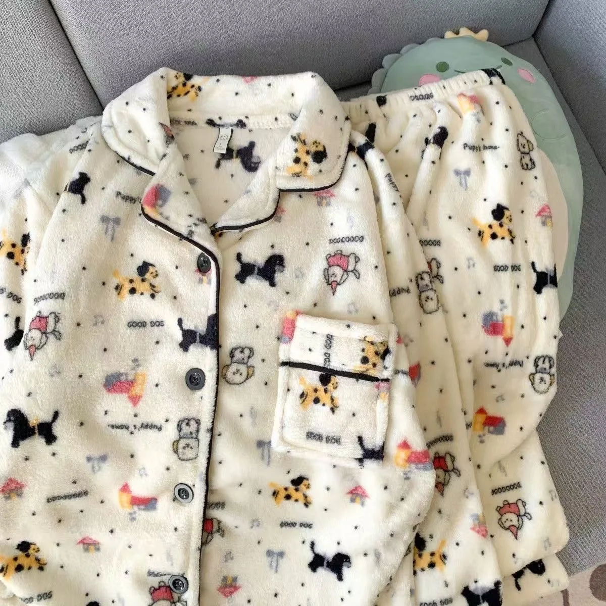 Cartoon Dog Pajamas Sets Kawaii Fluffy Flannel Warm Christmas PJ Set Sleepwear Women Winter Korean Y2K Button Cutecore Nightwear