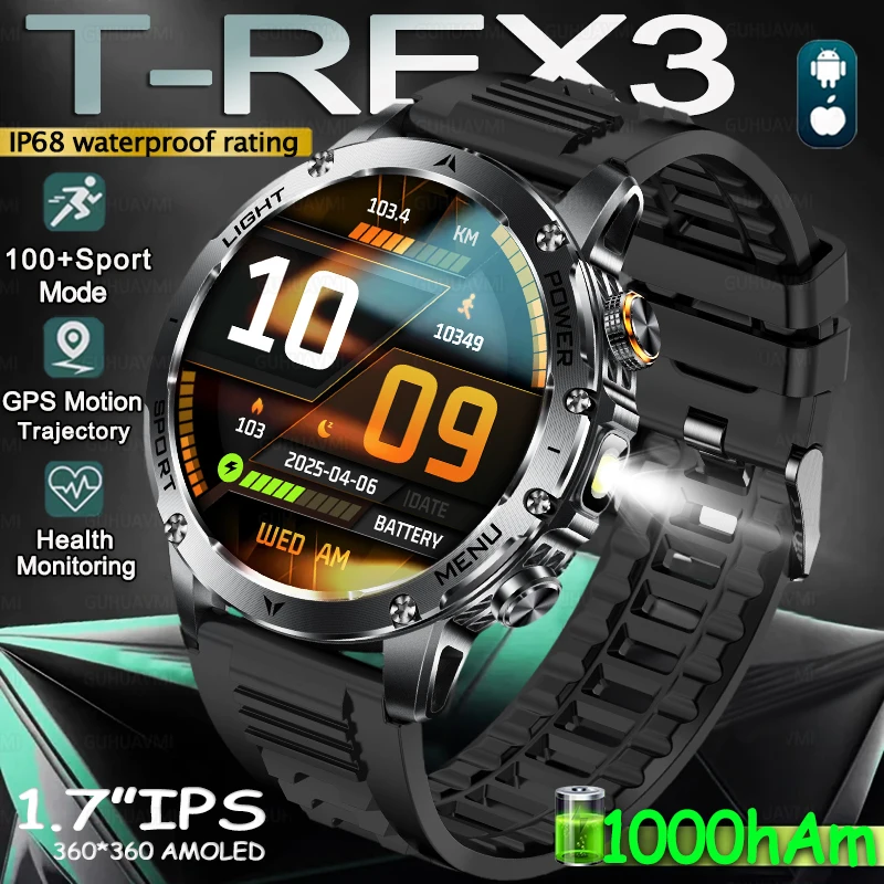 

2025 Новые спортивные умные часы на открытом воздухе, аккумулятор 1000 мАч, IP68, водонепроницаемый тактический спортивный фонарик, BT-вызов, умные часы для мужчин, для xioami