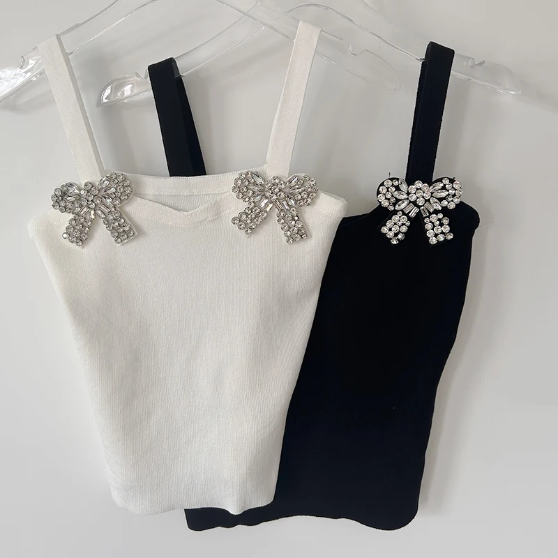Canotta lavorata a maglia Single-Wear con fiocco da donna 2024 Summer New Skinny Slimming All-Matching Short Top White Y2k Slings Clothes