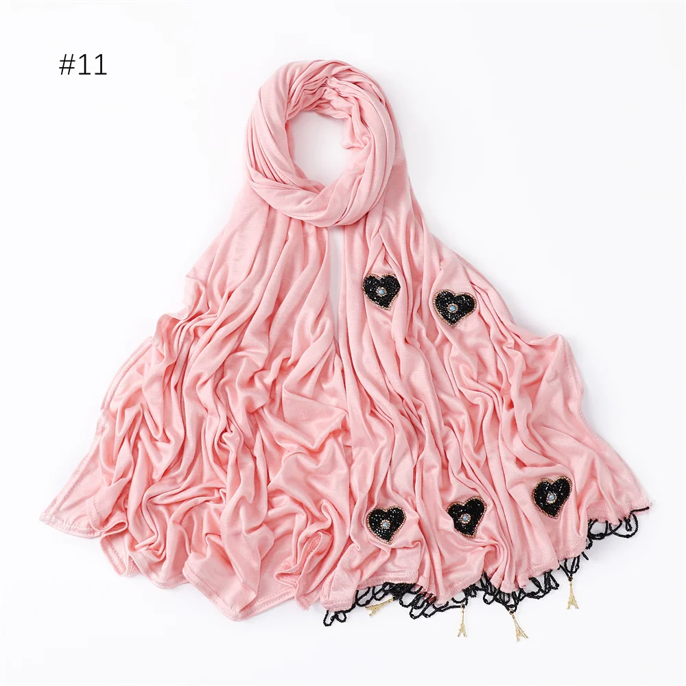 High Quality Cotton Stretchy Jersey Hijab Scarf With Heart-shaped Rhinestone Beading Tassel Headscarf Wraps Premium Solid Shawl