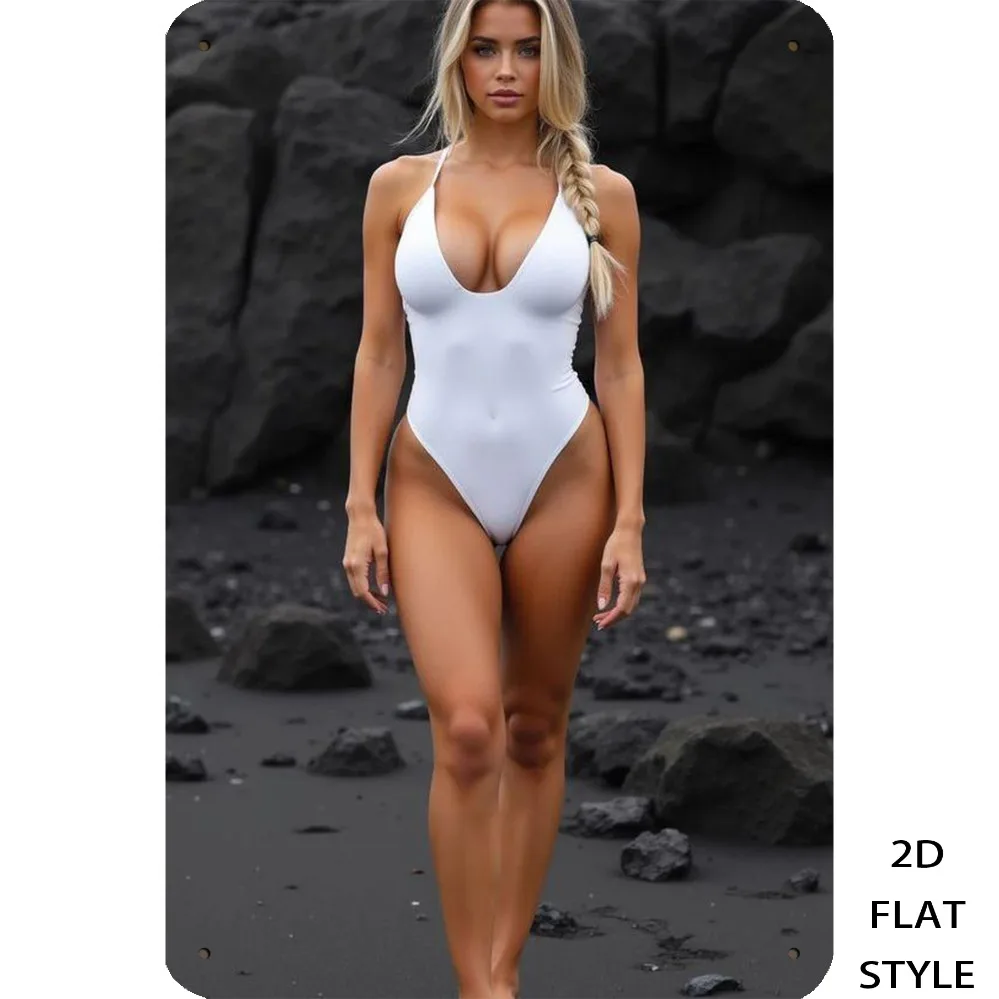 Vintage Metal Sign White Swimsuit Blonde Beach Girl Wall Decor for Bar Garage Home