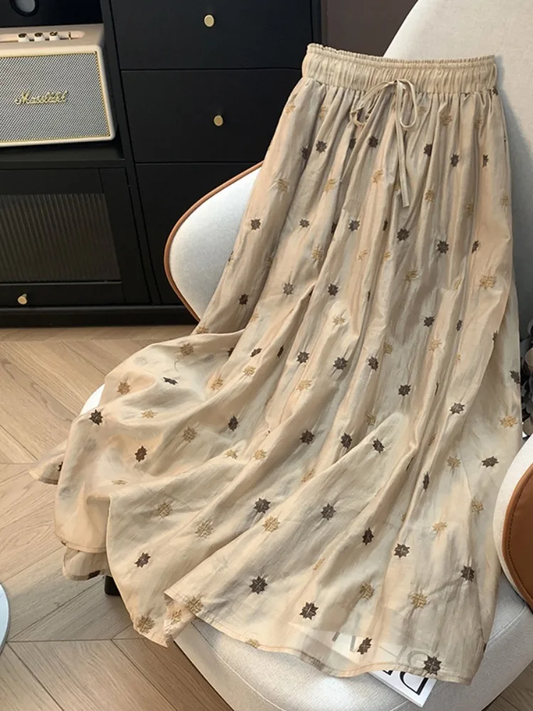Elegant Embroidered Double Layered Linen Half Skirt Women's Summer Elastic Waist Slimming Draping Cotton Linen Full A-Line Lo...