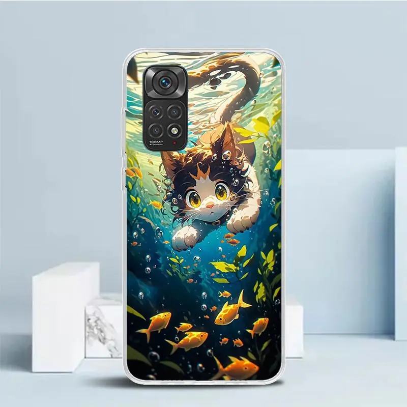 Cartoon Cute Cat Fish Aesthetic Phone Case For Xiaomi Redmi Note 13 12S 12 11S 11 11T 11E Pro Plus 10S 10 9S 9 8T 8 7 + Soft TPU