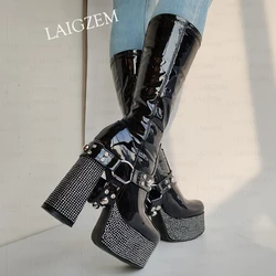 LAIGZEM Women Calf High Boots Crystal Platform Side Zipper Chunky High Heel Boots Elastic Ladies Shoes Woman Plus Size 41 46 52