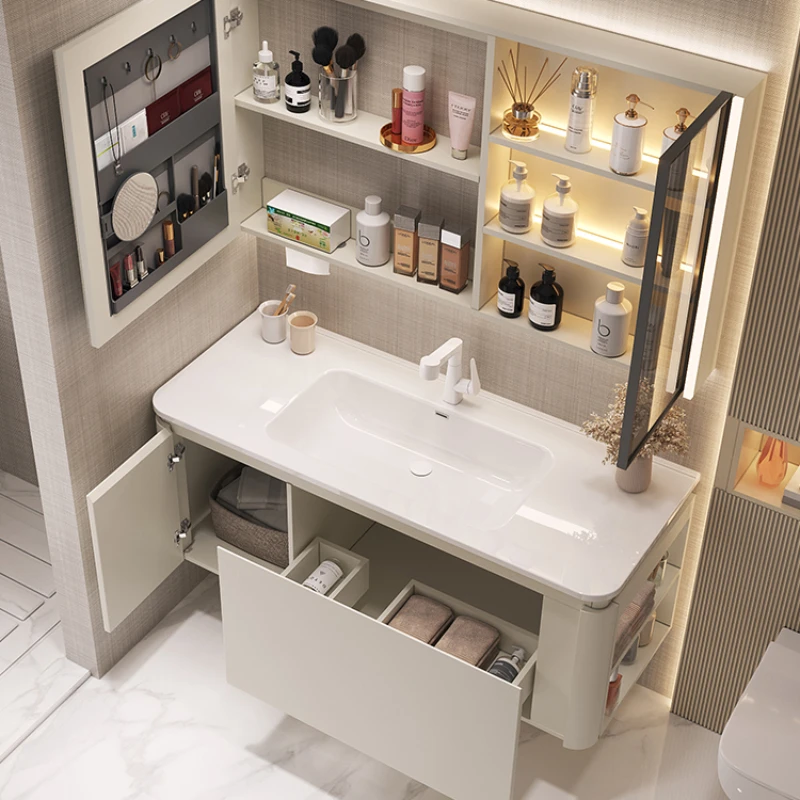 Oak bathroom cabinet combination rounded corner ceramic integrated basin simple bathroom hand washbasin washbasin