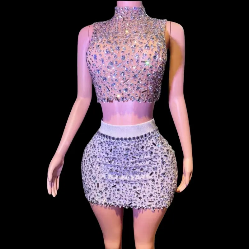 섹시한 백리스 라인스톤 탱크탑 스커트 투피스 세트 고급스러운 생일 파티 나이트클럽 의상 가수 바 무대 의상