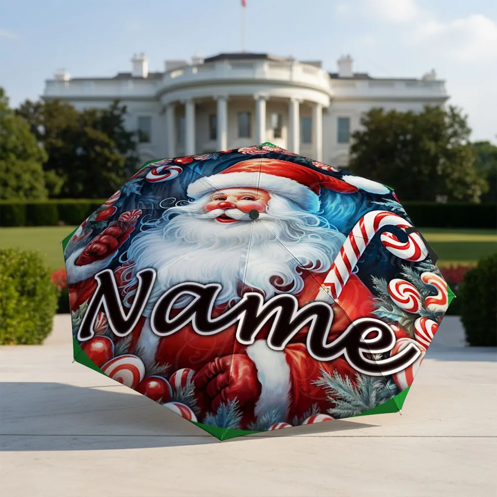 Custom Name Umbrella Santa Claus Candy Cane Christmas Print Folding Umbrella Compact Portable Travel Parasol For Xmas Decor