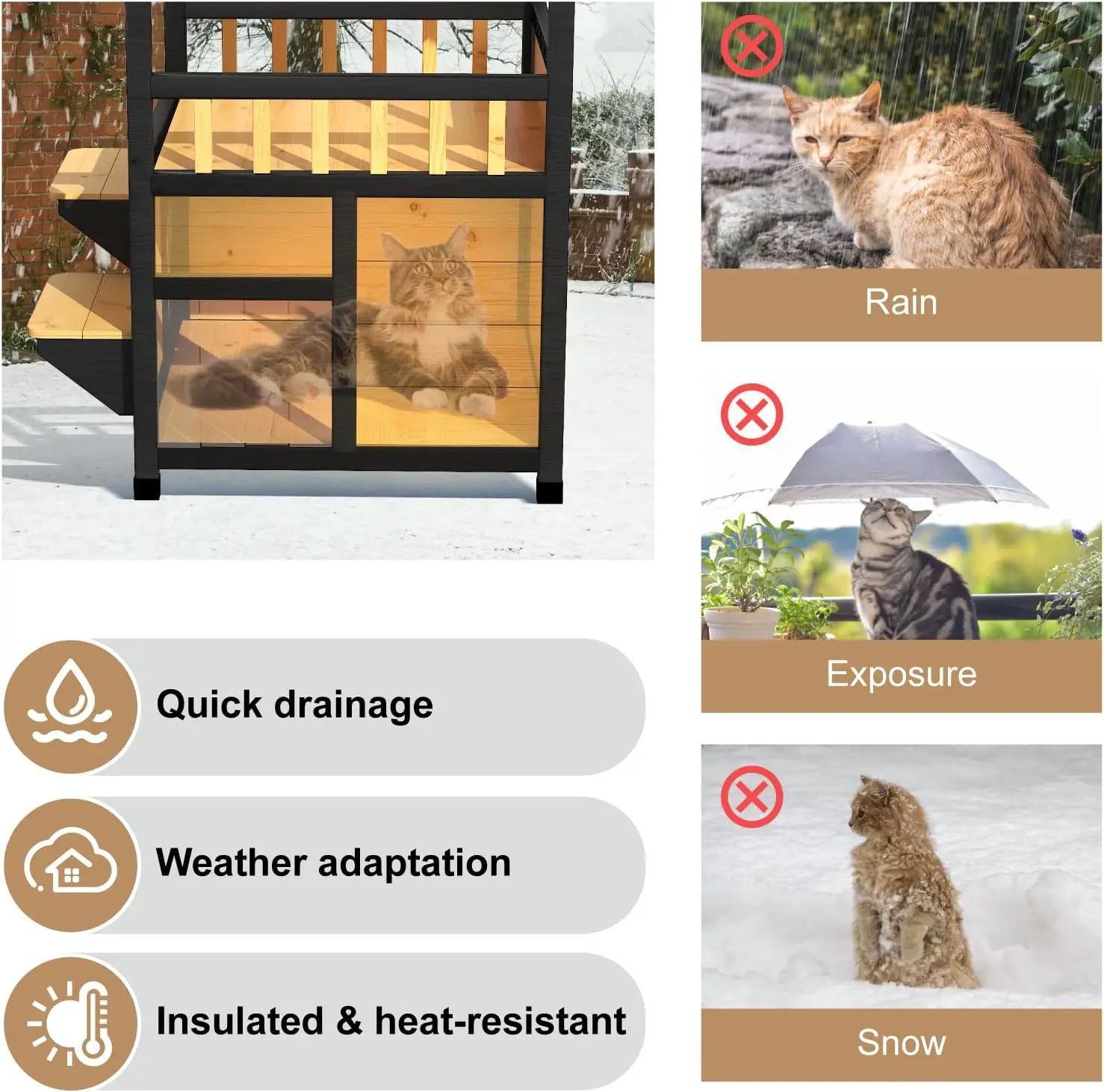 Outdoor Cat House Weatherproof, Outside Two Story Feral Cat Shelter with Escape Door, Scratching Mat, Pull-Out Bottom, Playful Cat Condo for Small & Medium Pets, Black and Earthy Yellow view 4