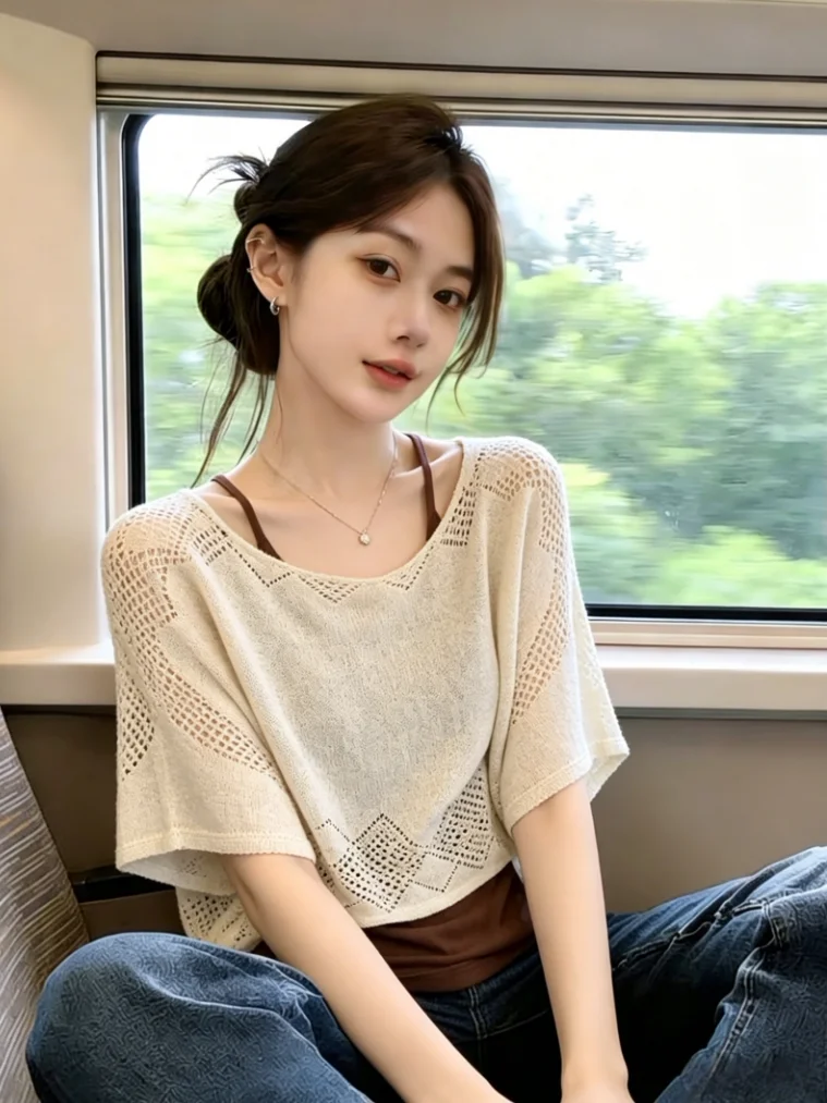 

Korean Style Hollow out Knitted Tank Top And Vest Two Piece Set Women's Summer Slim Fit Commute Straight Tube Model Silk