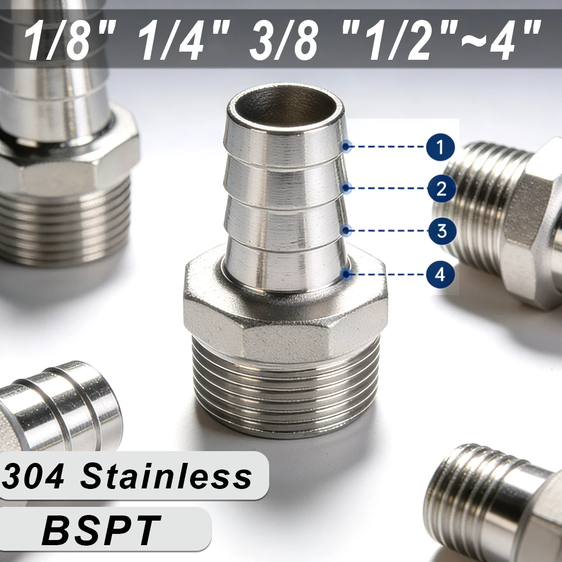304 BSPT Hose Barb Connector With External Thread 1/8