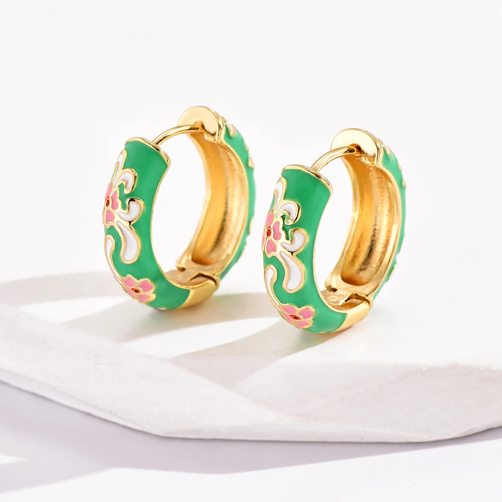 Vintage Colorful Enamel Flowers Huggies Earrings for Women Girls Gold Plated Round Circle Hoop Earrings Female Classic Jewelry