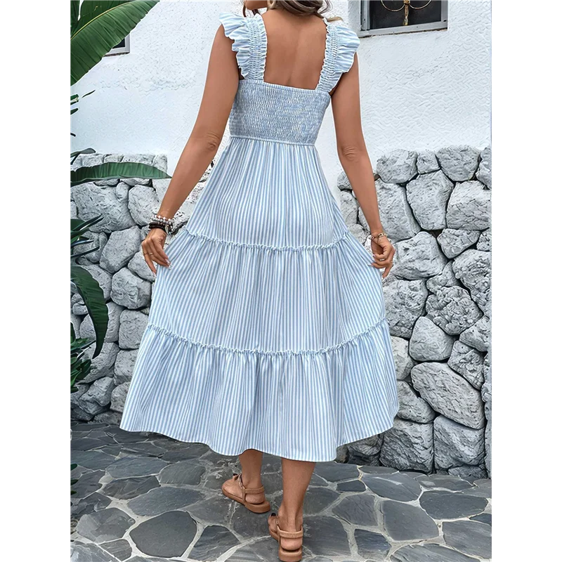 Nuevo vestido de playa bohemio a rayas de verano para mujer, vestido largo ahumado con volantes y tirantes finos