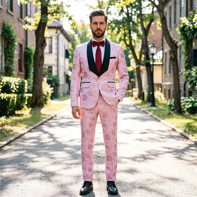 Men's Pink Suit 2-piece Set, Gold Red Jacquard Fabric Dress Top with Matching Pants, European Size Wedding Party Men's Clothing.