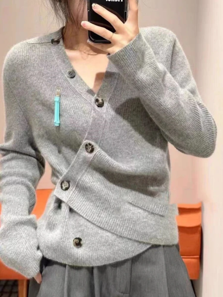 Autumn Winter New Women\'s Clothing 100% Merino Wool Knitted Tops Casual Fashion Korean Long Sleeved Coat V-Neck Cardigan Sweater