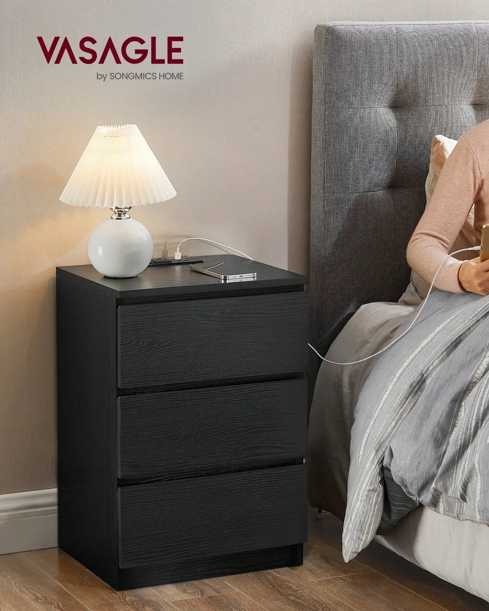 

Nightstand With Charging Station, Bedside Table, Side End Table With 3 Drawers, 2 AC Outlets, 2 USB Ports, Beveled Drawe
