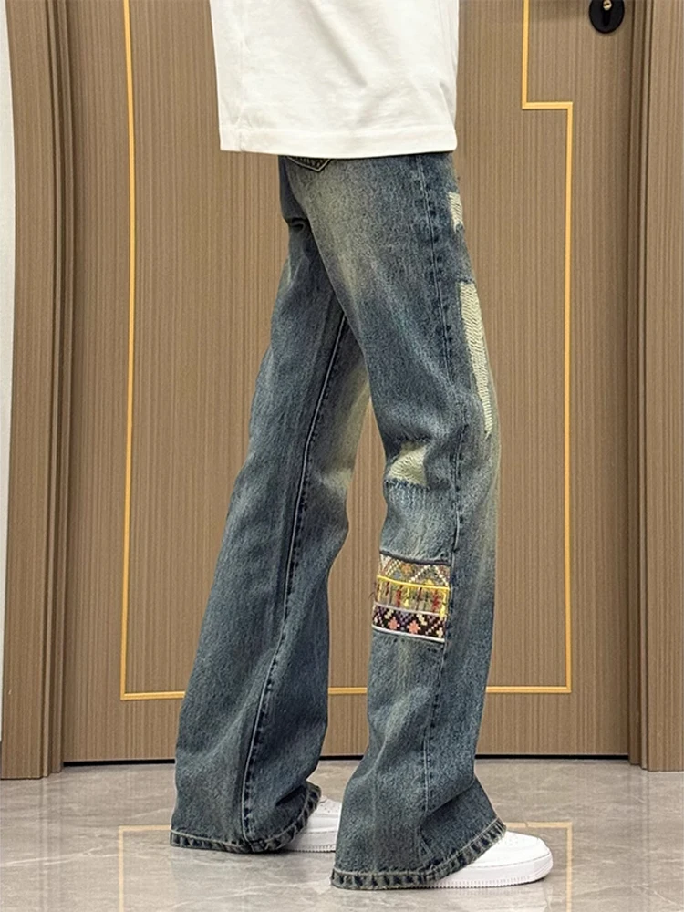 

Trendy Men's Patchwork Denim Jeans Ethnic Style American Retro Straight Leg Micro Flared Pants Clean Fit Drapey Youthful