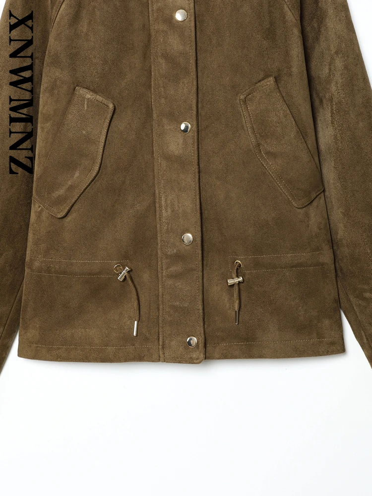 XNWMNZ 2025 Otoño señora desplazamientos moda manga larga con capucha cuello chaqueta de gamuza Vintage Simple invierno mujer marrón abrigo Casual