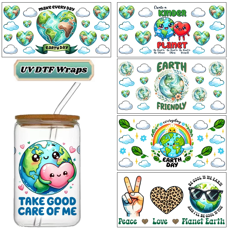 Cartoon Design Cute Earth Day 16OZ UV DTF Cup Wrap Transfer Sticker For Glass Libbey Can Bottle Selfadhesive Washable DIY Custom