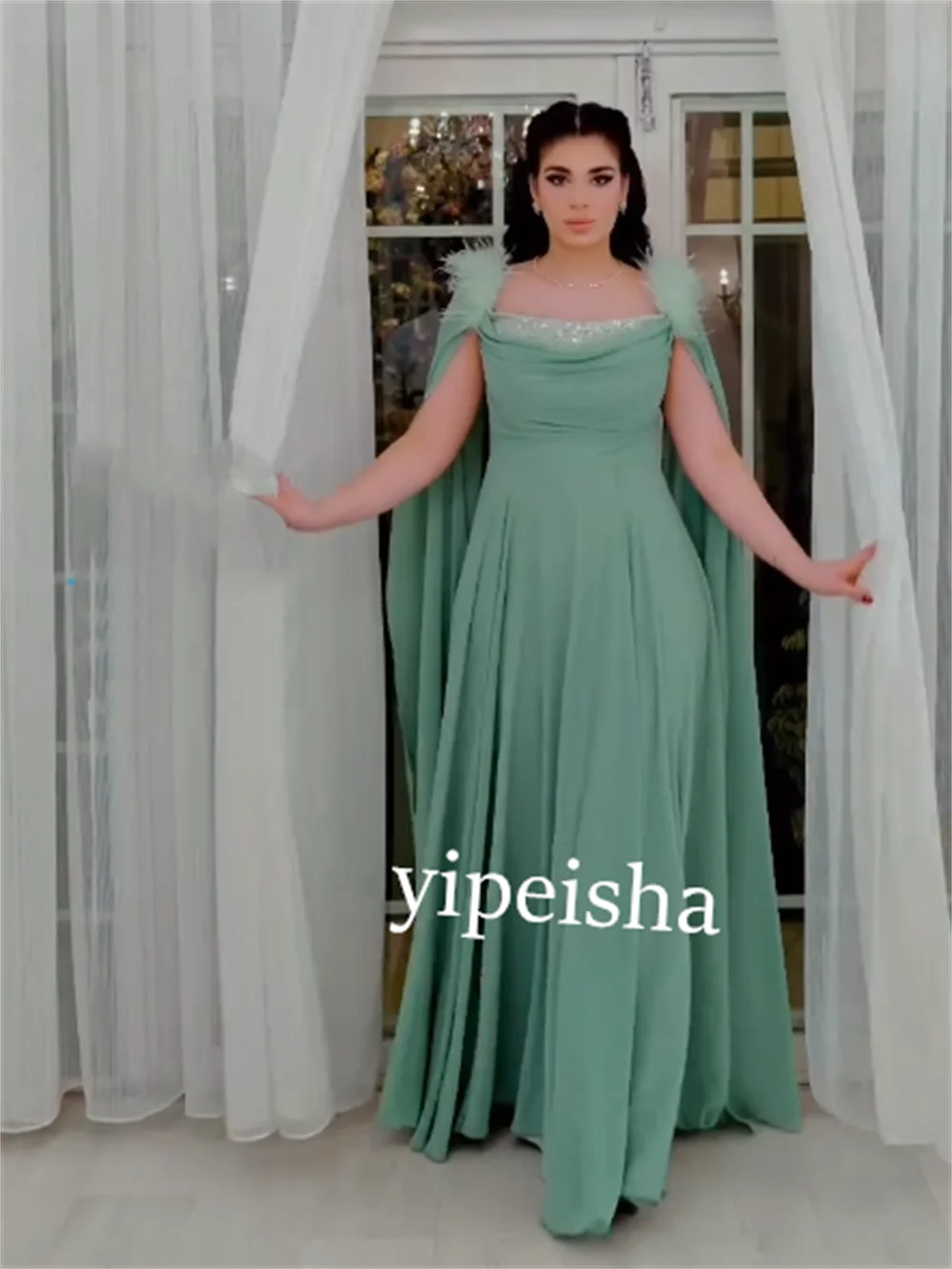 Jersey Beading Feather Draped Wedding Party A-line Square Neck Custom Occasion Gown Long Dresses