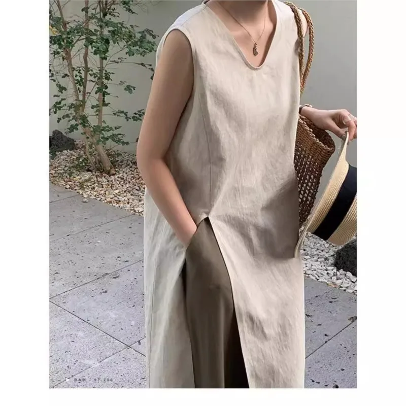 

2025 Women's Literary Retro Sleeveless Simple Loose V-neck Vest Skirt Linen Slit Over Knee Solid Color Cotton Linen Dress Women