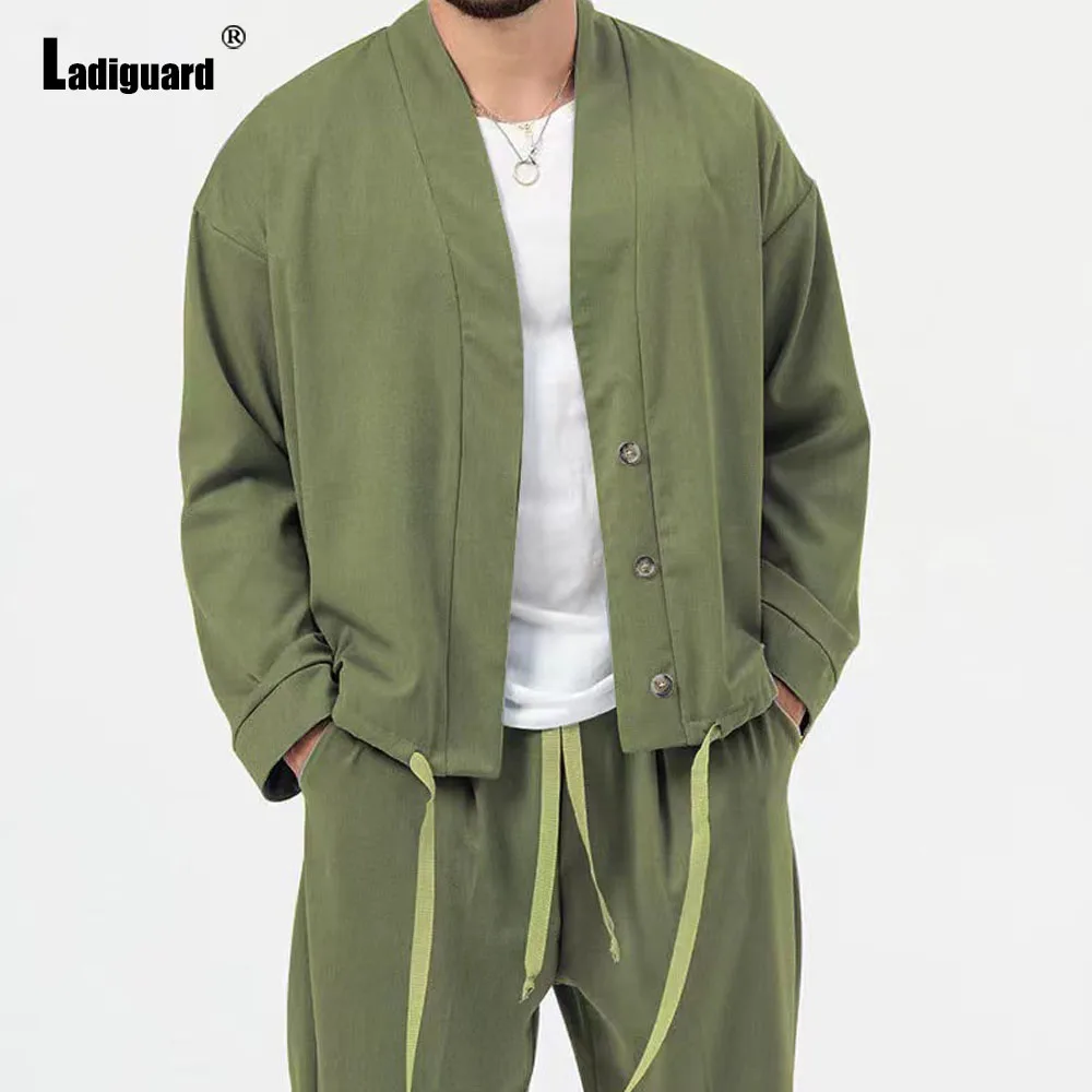 Plus Size 3xl Mens Casual Retro Two Piece Sets 2024 Single Breasted Tops and Solid Drawstring Pants Suit Male Tracksuits Set