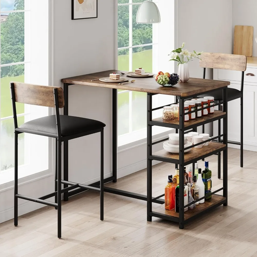 

A Three-piece Mini Bar Table and Chair Set, Including One Small Dining Table and Two PU Upholstered Stools