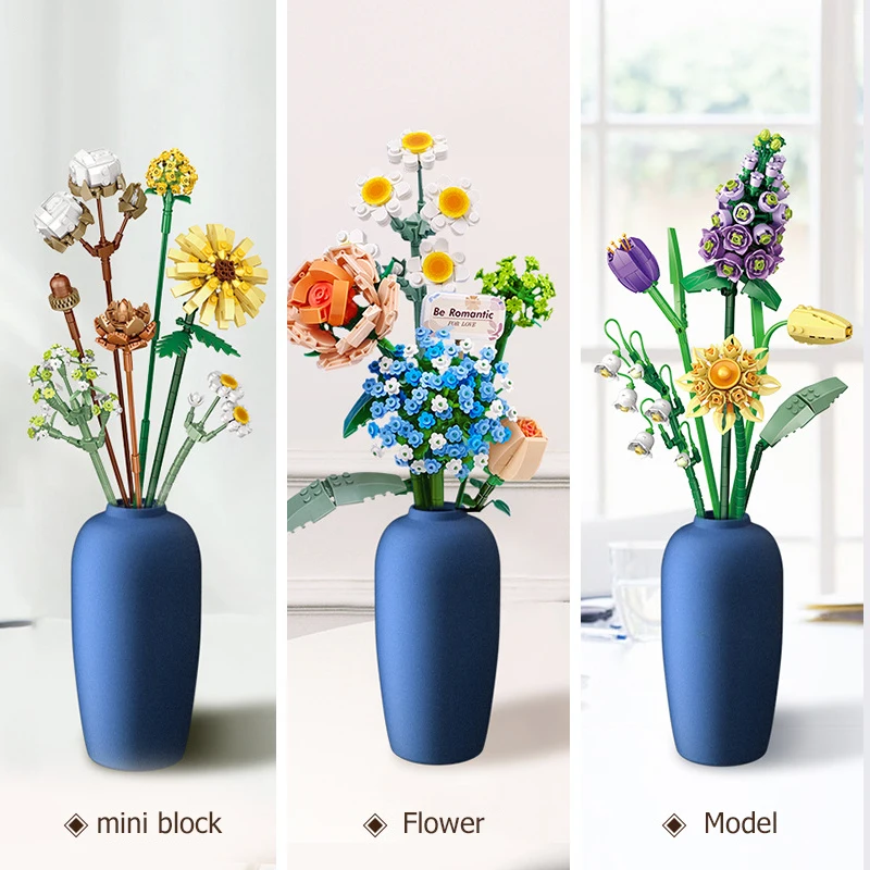 Flower Building Blocks DIY Plant Bonsai Decoration Rose Chrysanthemum Tulip Bouquet Model Assembled Toys Children\'s Holiday Gift