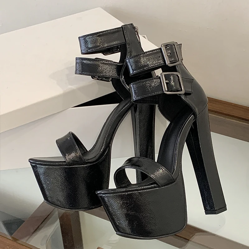 Women's Patent Multi‑Buckle Platform Heels, Open Toe Double Ankle Strap Chunky Block Heel Gothic Punk Nightclub Party Footwear