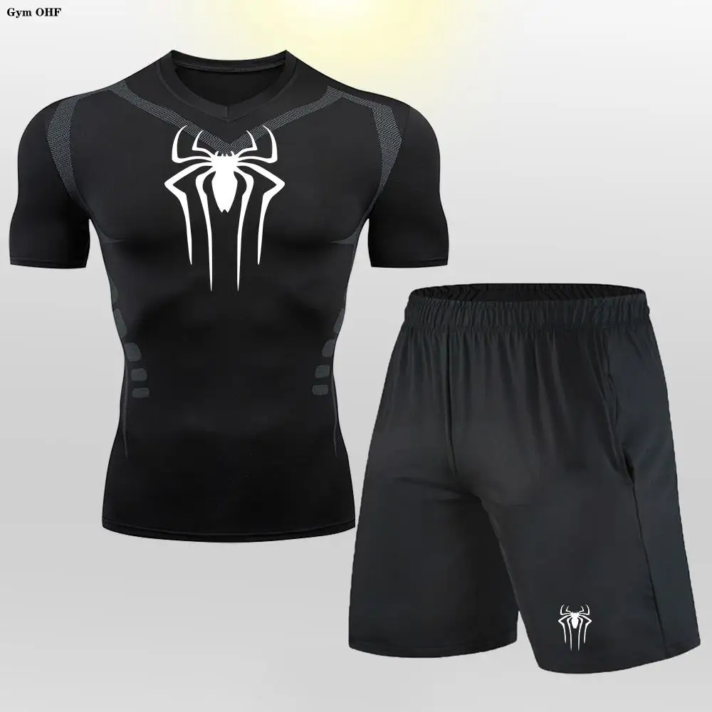 Spider Men T Shirt Shorts Set Compression Sport Suit Mens Clothes Running Tracksuit Wear Exercise Workout Tights Man