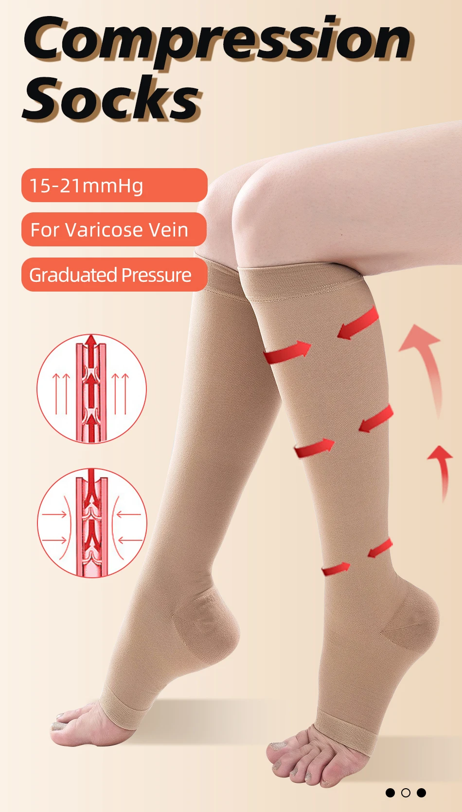 Leg beauty 15-21mmhg kniehohe Kompression strümpfe medizinische Waden socken mit offenen Zehen Krampfadern behandeln die Formung des abgestuften Drucks – Detail 1