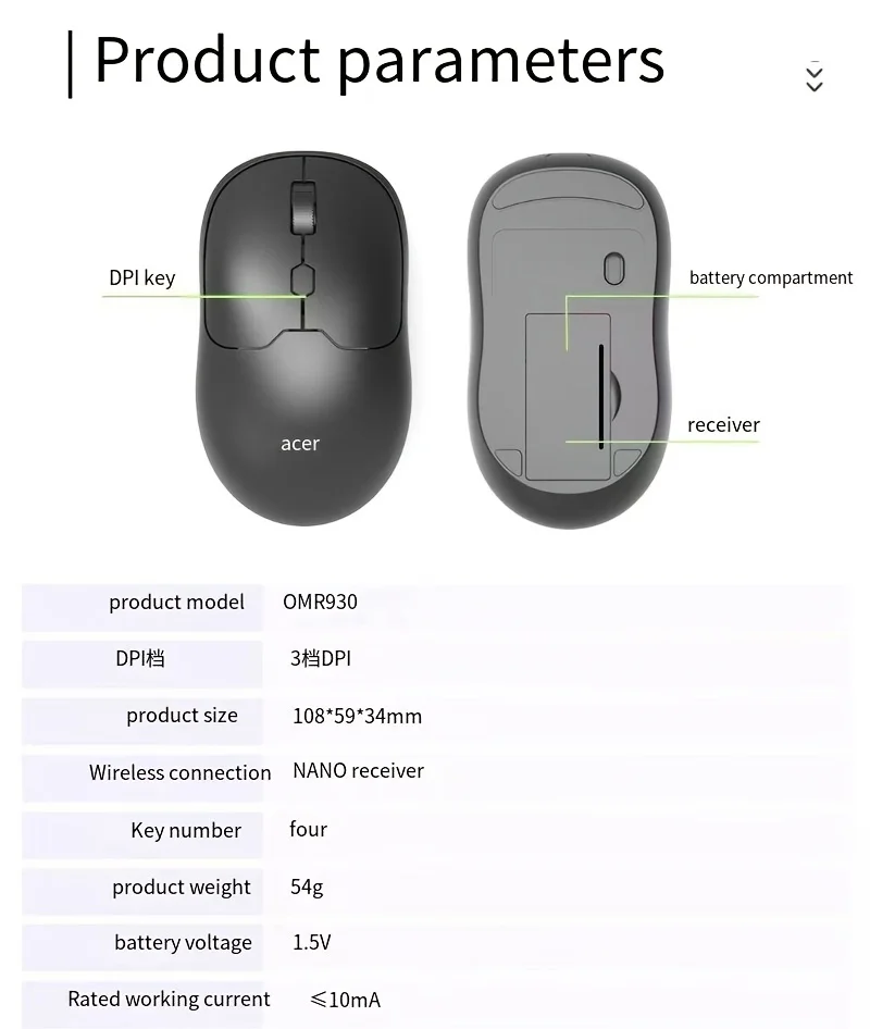 Mouse Nirkabel Acer 2.4G Desktop Notebook Universal, Bertenaga Baterai (Tanpa Baterai), Penerima USB Plug and Play OMR930