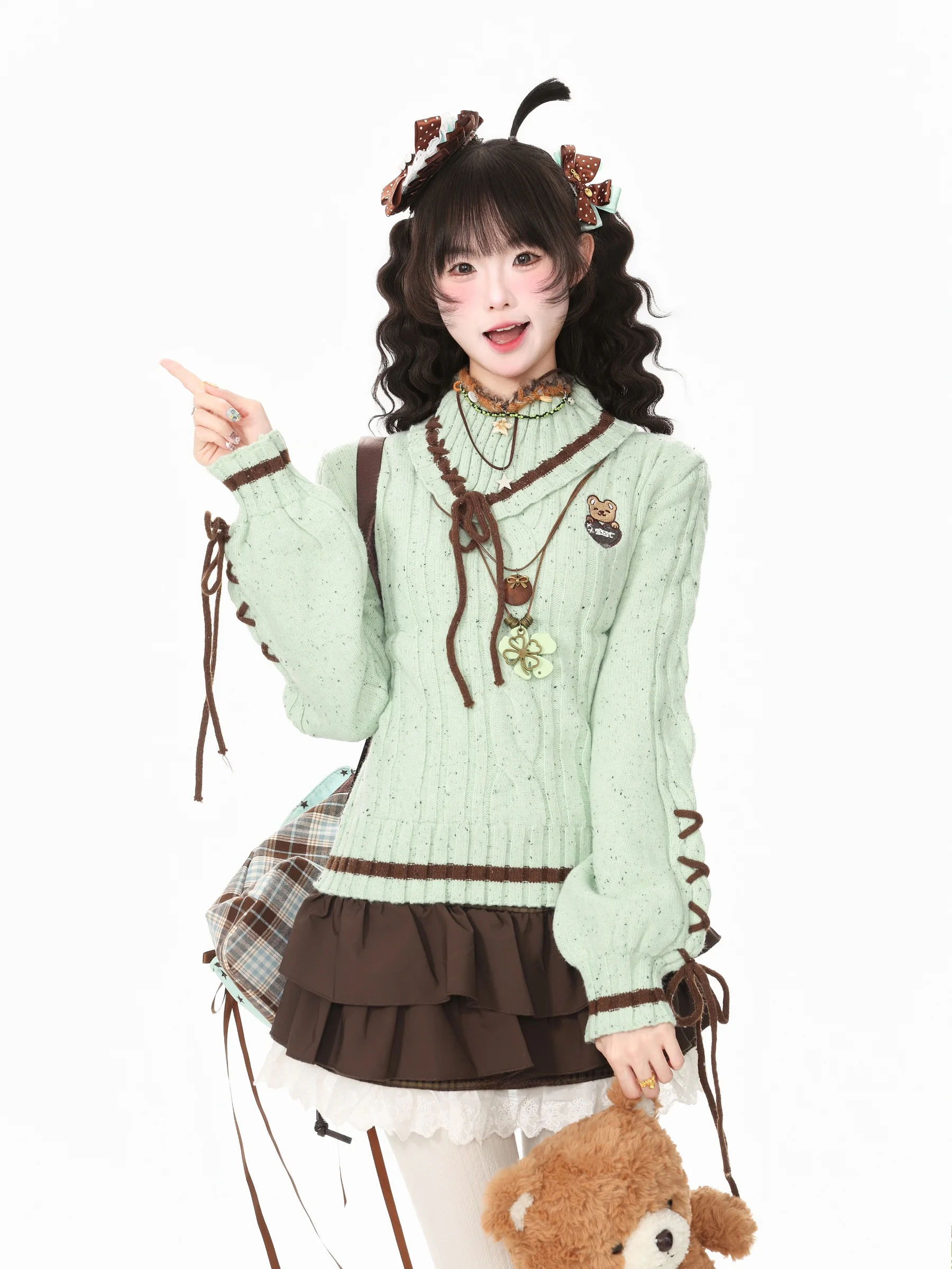 Blue Ghost Park Languid Park Knitted Sweater Skirt Set Women's Autumn Outfit  Knot Pleated  Casual Fashion Ensemble
