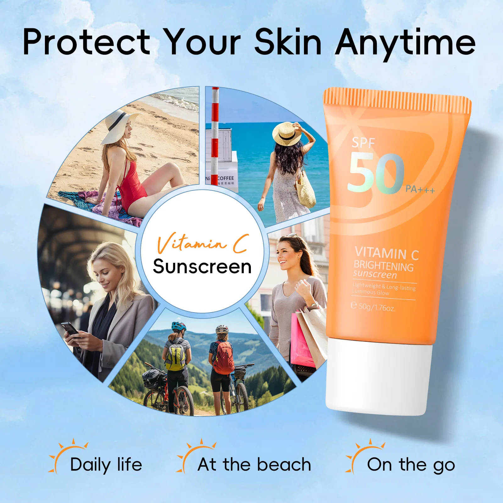 Spf50 + vitamina c protetor solar pele oleosa controle de óleo protetor solar creme protetor facial solar bloco solar isolamento hidratante facial