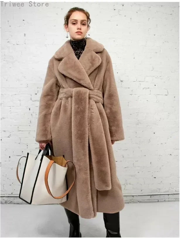 Faux Fur Maxi Jacket Women Thick Belt Autumn Winter Coat Long Warm Luxury Belt Fur Black Parkas Bontjas Furry Outerwear