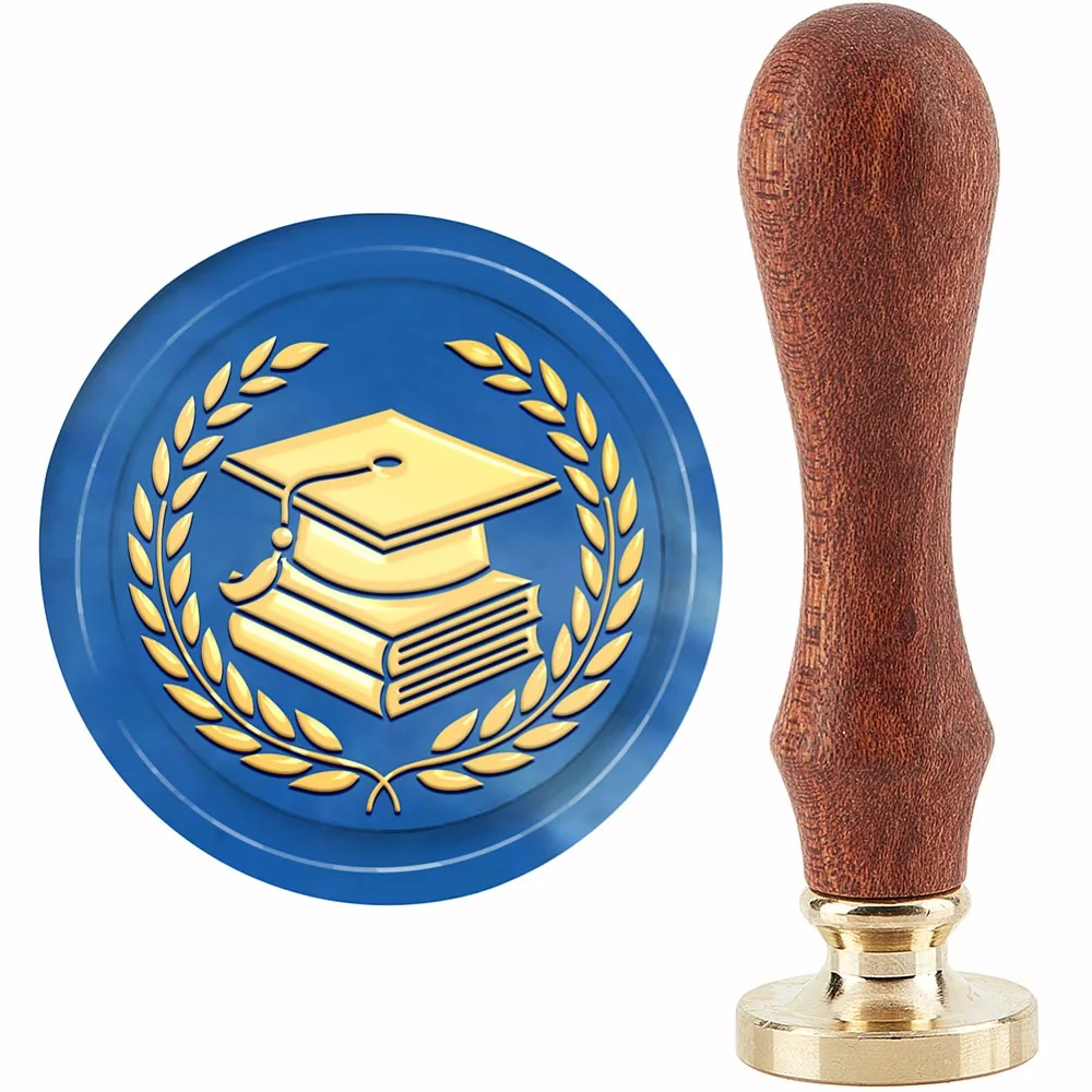 Graduation Cap Seal Stamp Wheat Sealing Stamps Books 30mm Retro Vintage Removable Brass Stamp Head with Wood Handle