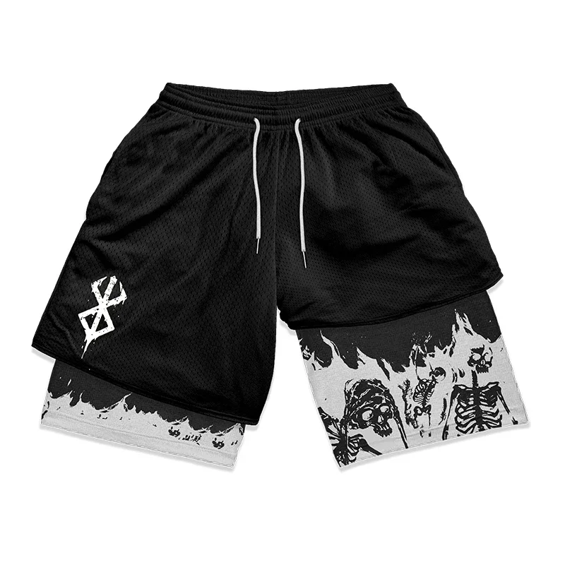 Berserk Guts Anime Shorts Skull Print Y2K 2 in 1 Gym Shorts Men Fitness Mesh Quick Dry Performance Short Pants Workout Summer