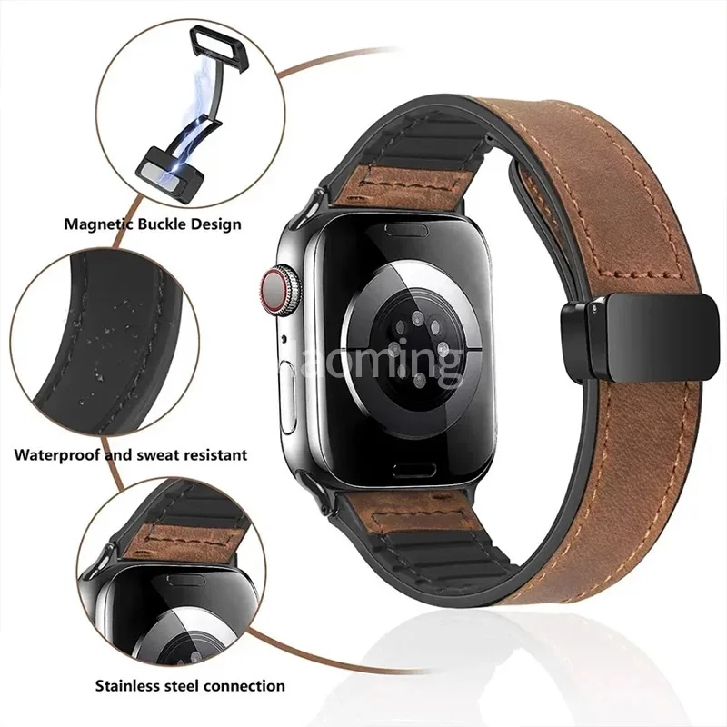 

Strap for Apple watch band 44mm 42mm 45mm 49mm 41mm 40mm 46mm Leather+Silicone bracelet for iWatch Series 10 9 ultra 8 7 6 SE