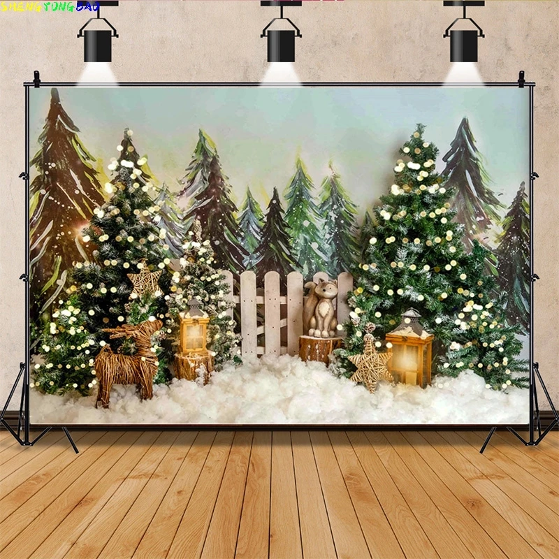 

Vinyl Custom Christmas Tree Flower Wreath Wooden Gift Photography Backdrop Window Snowman Cinema New Year Background Prop GH-06