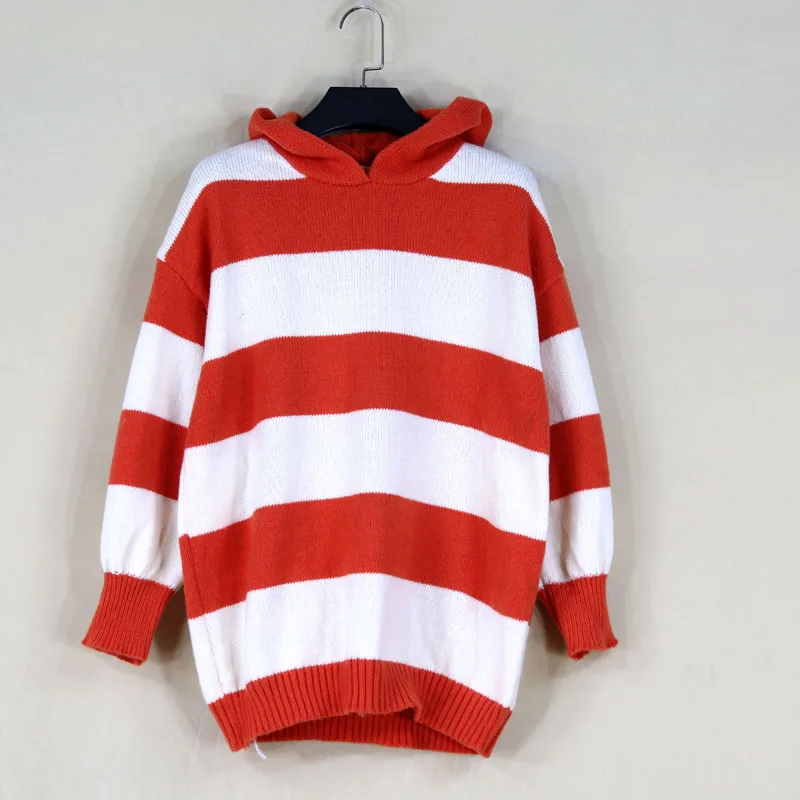 

Loose Fit Hooded Knitwear Top Women's Autumn Winter Thi Lazy Sle Striped Sweatirt Outerwear Street Sle Mixed Fabric