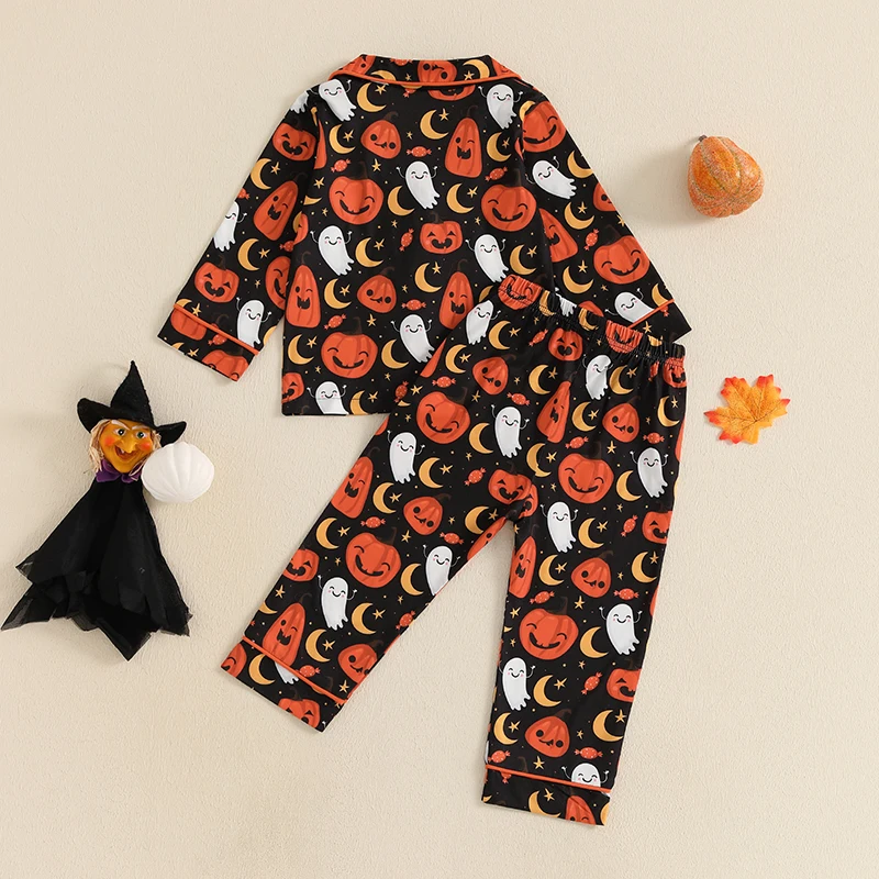 Kids Girls Halloween Pajamas Baby Long Sleeve Pumpkin Ghost Button Down Top Pants Satin Silk Pajamas Set